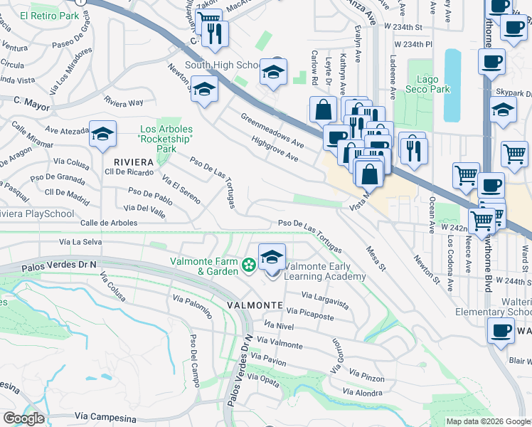map of restaurants, bars, coffee shops, grocery stores, and more near 4609 Paseo De Las Tortugas in Torrance