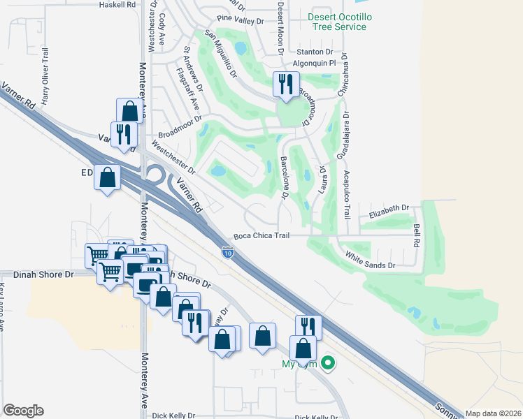 map of restaurants, bars, coffee shops, grocery stores, and more near 33401 San Lucas Trail in Thousand Palms