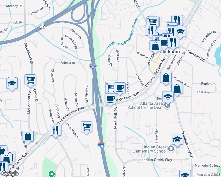 map of restaurants, bars, coffee shops, grocery stores, and more near 900 Mell Avenue in Clarkston