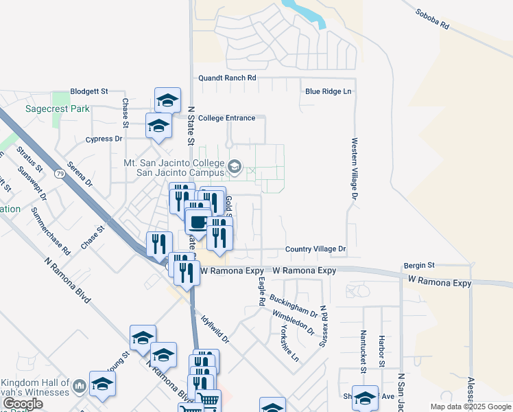 map of restaurants, bars, coffee shops, grocery stores, and more near 1367 Bushy Tail Trail in San Jacinto