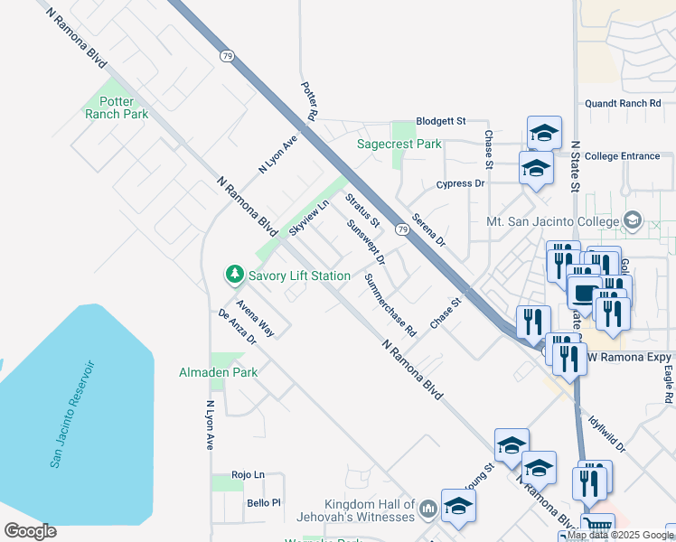 map of restaurants, bars, coffee shops, grocery stores, and more near 823 Glider Place in San Jacinto