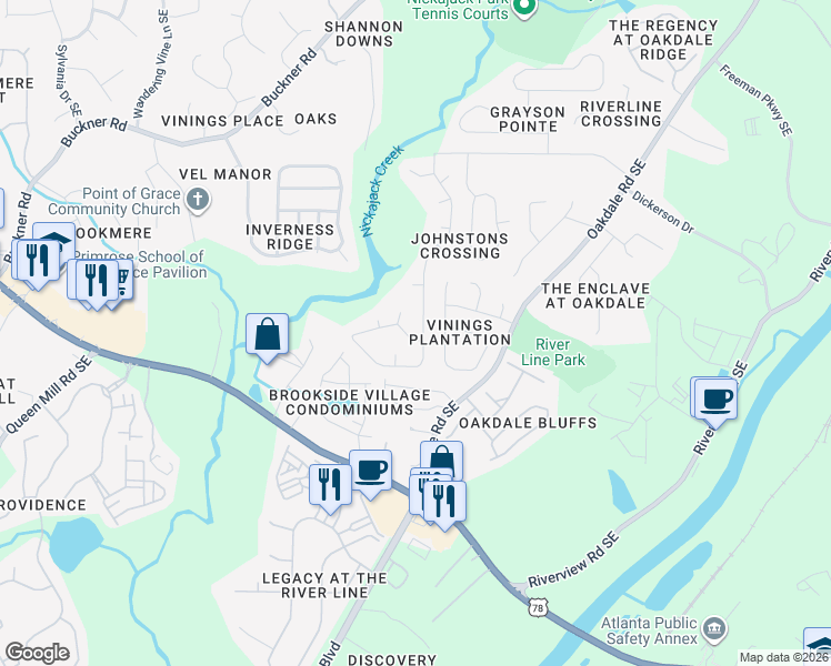 map of restaurants, bars, coffee shops, grocery stores, and more near 5969 Brookside Drive Southeast in Mableton