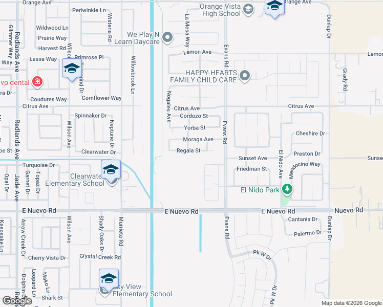 map of restaurants, bars, coffee shops, grocery stores, and more near 1105 Regala Street in Perris