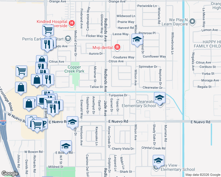 map of restaurants, bars, coffee shops, grocery stores, and more near 474 Camino Los Gallos in Perris