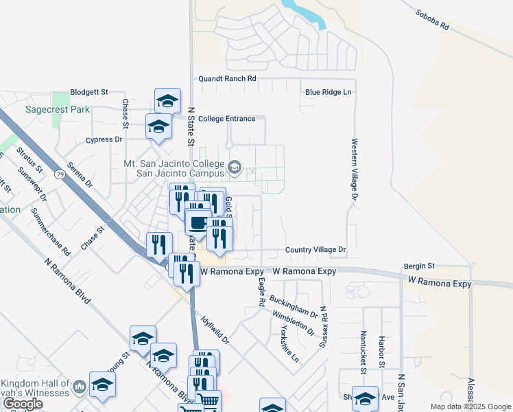 map of restaurants, bars, coffee shops, grocery stores, and more near 1367 Bushy Tail Trail in San Jacinto