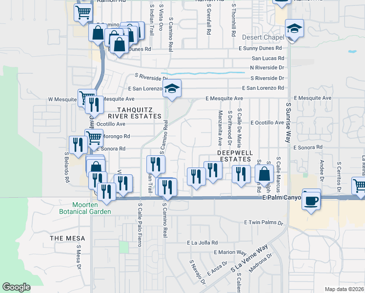 map of restaurants, bars, coffee shops, grocery stores, and more near 1333 Primavera Drive West in Palm Springs