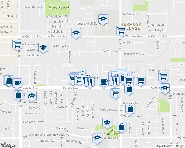 map of restaurants, bars, coffee shops, grocery stores, and more near 1817 West Sallie Lane in Anaheim