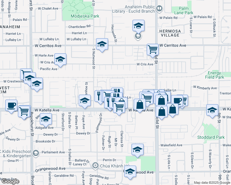 map of restaurants, bars, coffee shops, grocery stores, and more near 1817 West Sallie Lane in Anaheim
