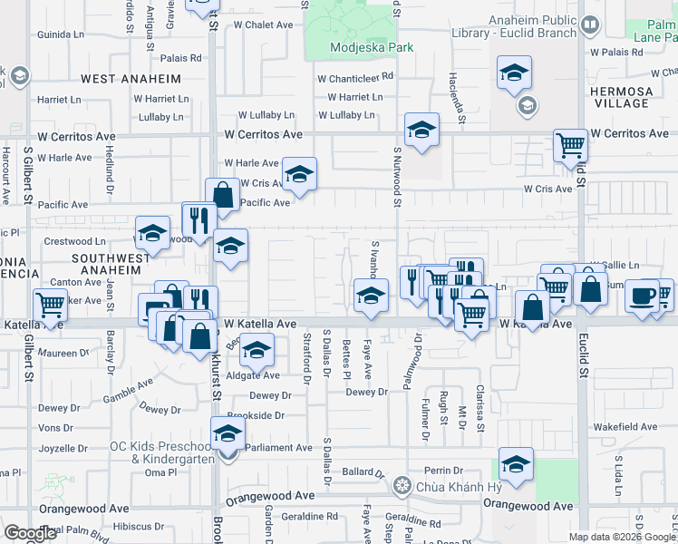 map of restaurants, bars, coffee shops, grocery stores, and more near 2026 West Forest Lane in Anaheim