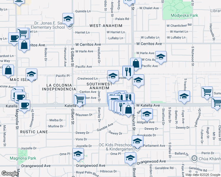 map of restaurants, bars, coffee shops, grocery stores, and more near 1721 South Nedra Place in Anaheim