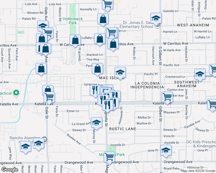 map of restaurants, bars, coffee shops, grocery stores, and more near 9067 Stacie Lane in Anaheim