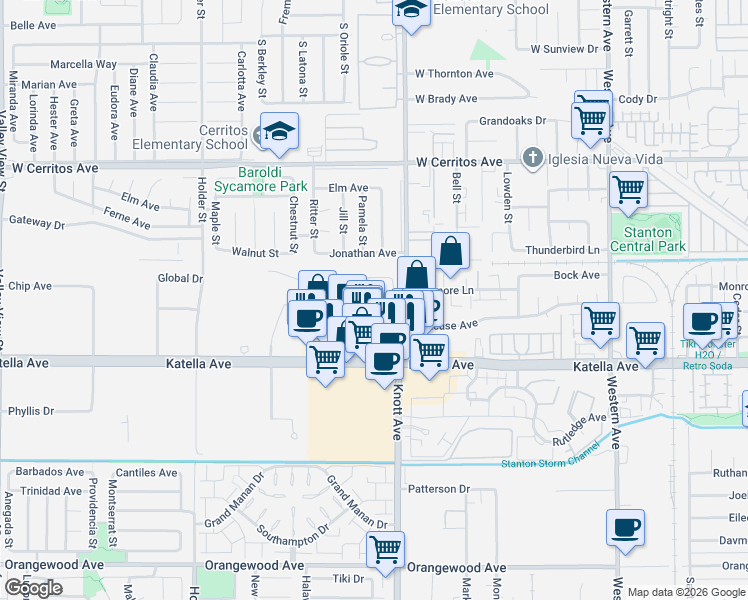 map of restaurants, bars, coffee shops, grocery stores, and more near 10791 Via Jardin in Stanton