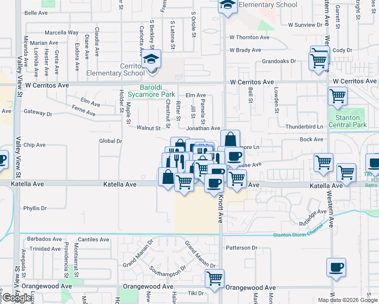 map of restaurants, bars, coffee shops, grocery stores, and more near 6841 Via Kannela in Stanton