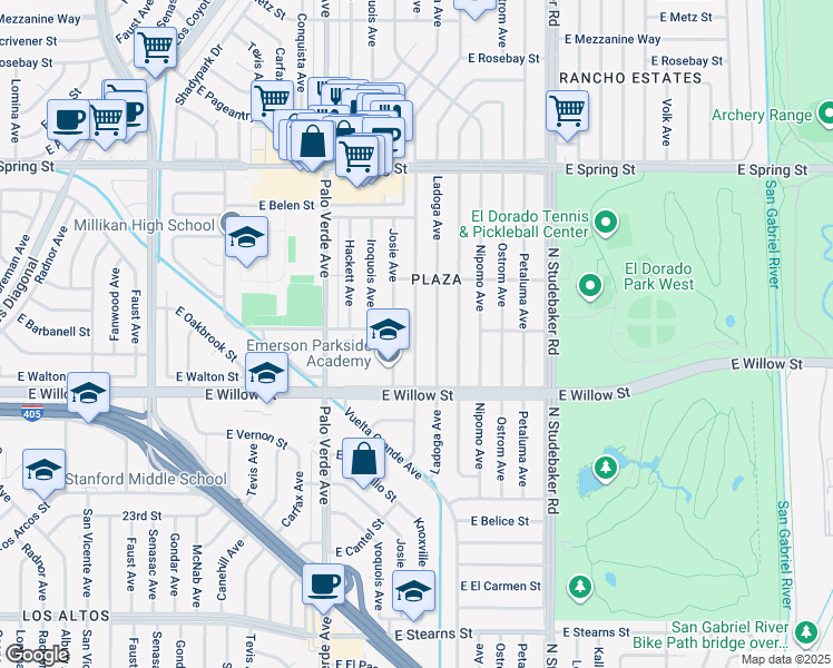 map of restaurants, bars, coffee shops, grocery stores, and more near 2713 Ladoga Avenue in Long Beach