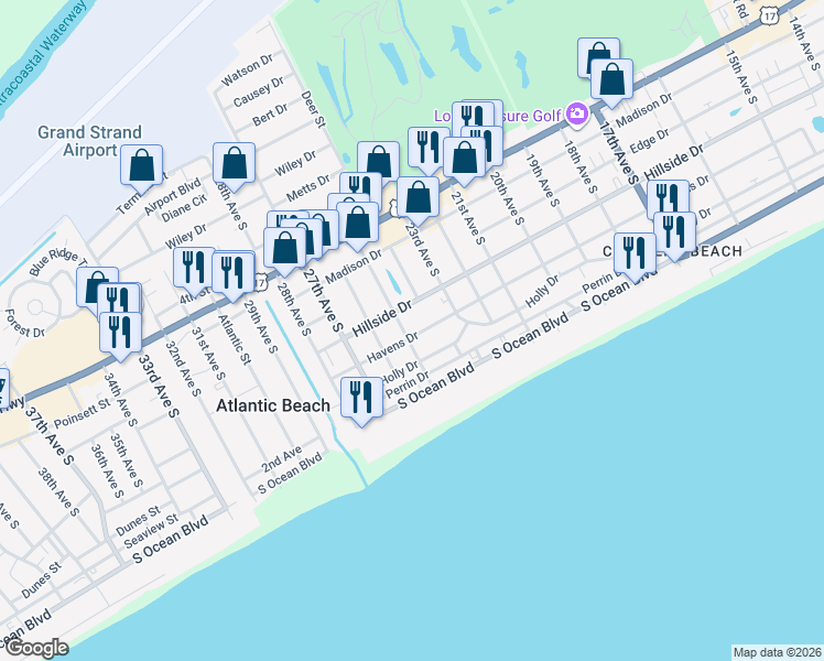 map of restaurants, bars, coffee shops, grocery stores, and more near 2405 Hillside Drive South in North Myrtle Beach