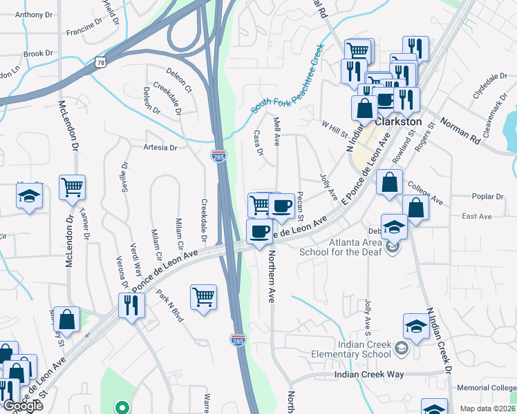 map of restaurants, bars, coffee shops, grocery stores, and more near 3433 Mell Place in Clarkston