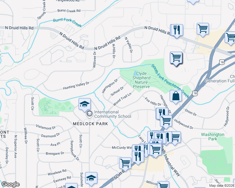 map of restaurants, bars, coffee shops, grocery stores, and more near 939 Schoel Drive in Decatur
