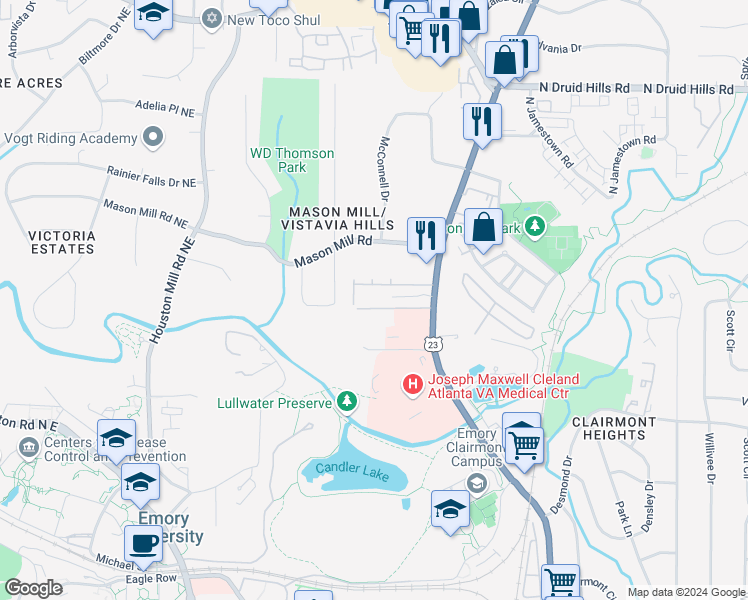 map of restaurants, bars, coffee shops, grocery stores, and more near 1877 Ridgemont Lane in Decatur