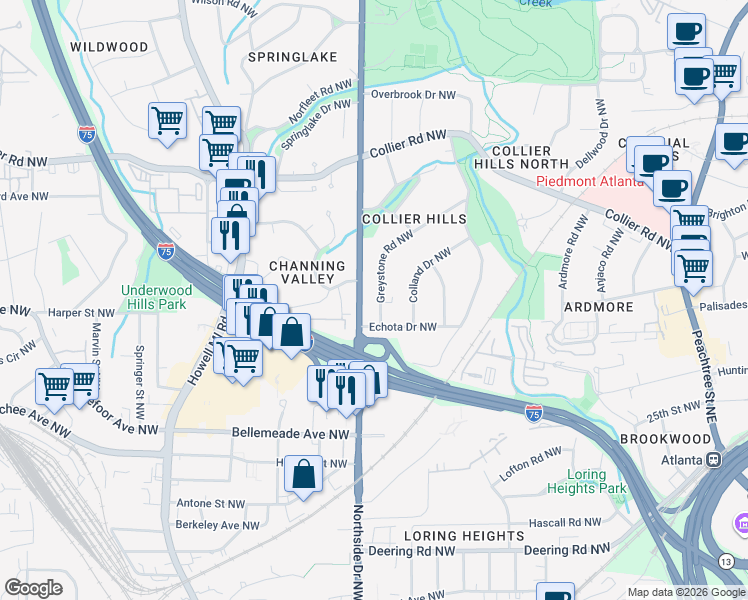 map of restaurants, bars, coffee shops, grocery stores, and more near 1828 Greystone Road Northwest in Atlanta
