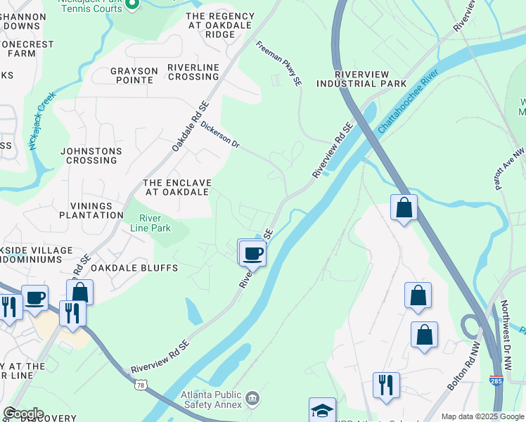map of restaurants, bars, coffee shops, grocery stores, and more near 1540 Purple Coneflower Avenue Southeast in Mableton