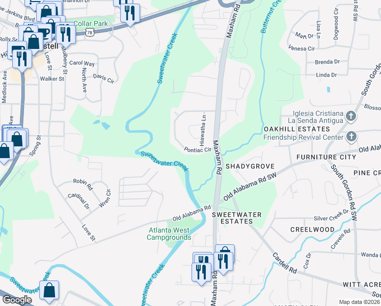 map of restaurants, bars, coffee shops, grocery stores, and more near 1145 Pontiac Circle in Austell