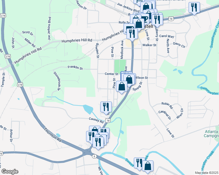 map of restaurants, bars, coffee shops, grocery stores, and more near 6117 Pine Street in Austell