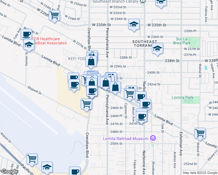 map of restaurants, bars, coffee shops, grocery stores, and more near 2387 Lomita Boulevard in Lomita