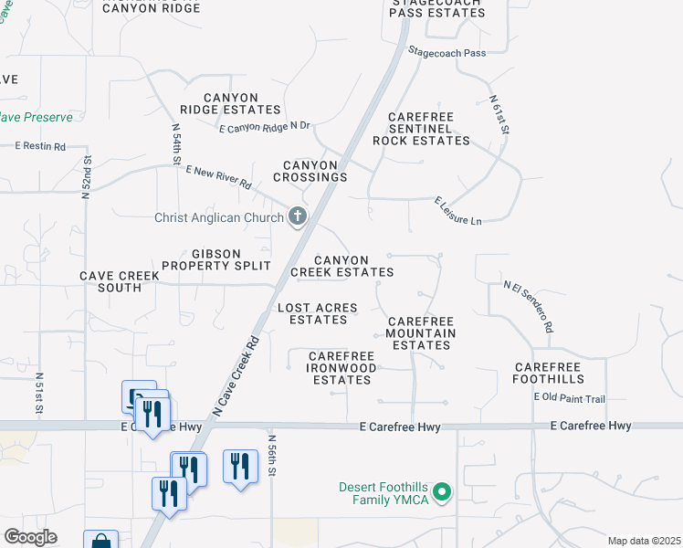 map of restaurants, bars, coffee shops, grocery stores, and more near 35226 Canyon Creek Circle in Cave Creek
