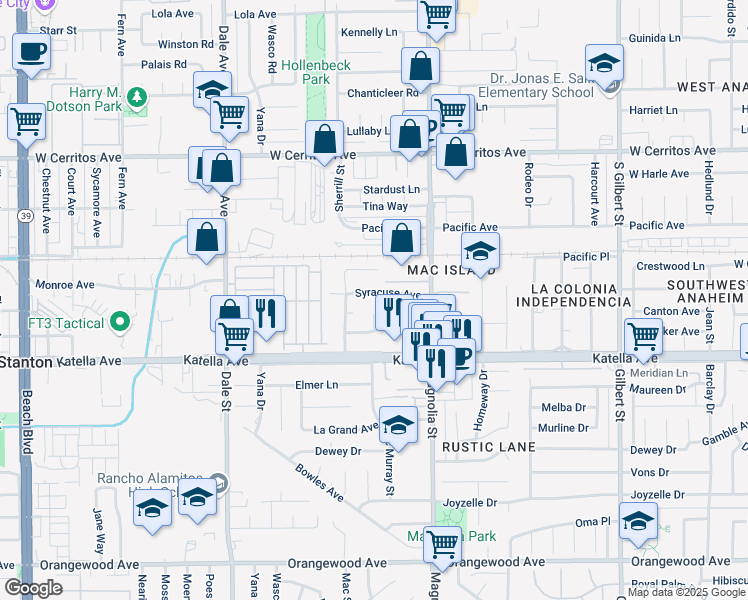map of restaurants, bars, coffee shops, grocery stores, and more near 8852 Syracuse Avenue in Anaheim