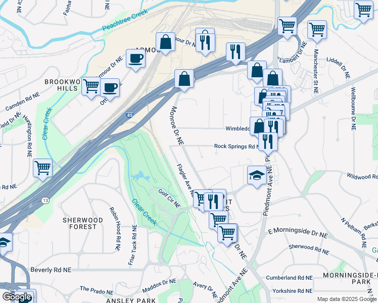 map of restaurants, bars, coffee shops, grocery stores, and more near 1845 Monroe Drive Northeast in Atlanta