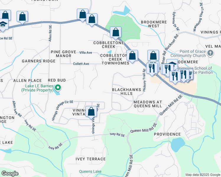 map of restaurants, bars, coffee shops, grocery stores, and more near 6048 Blackhawk Trail Southeast in Mableton