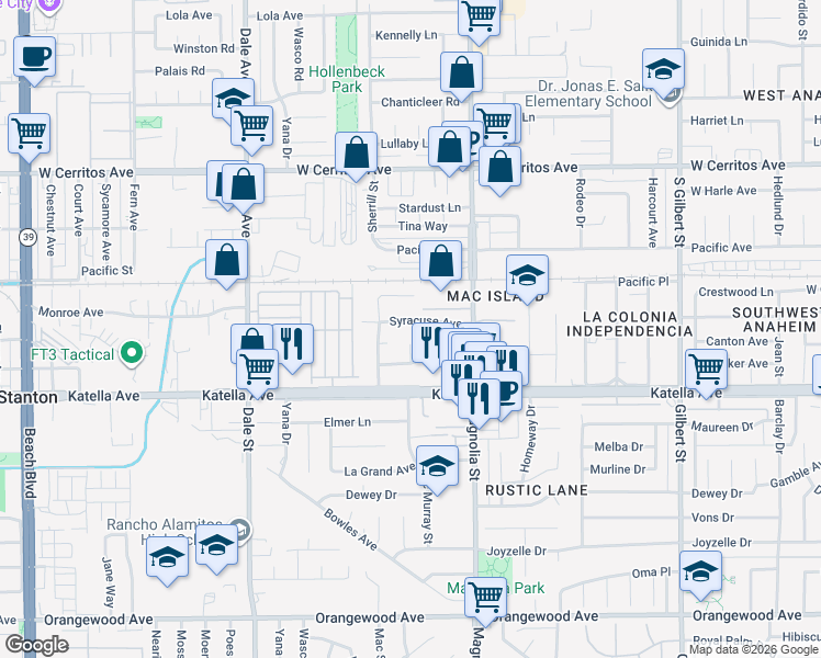 map of restaurants, bars, coffee shops, grocery stores, and more near 8852 Syracuse Avenue in Anaheim
