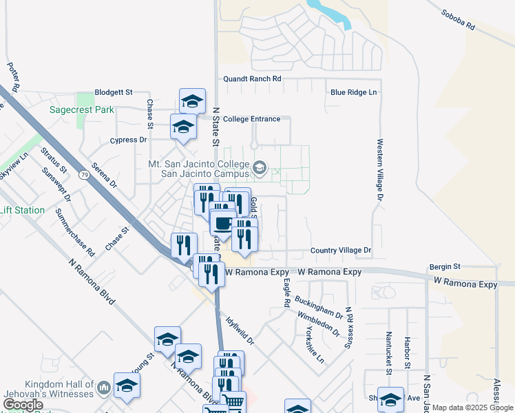 map of restaurants, bars, coffee shops, grocery stores, and more near 1368 Sierra Seneca Drive in San Jacinto