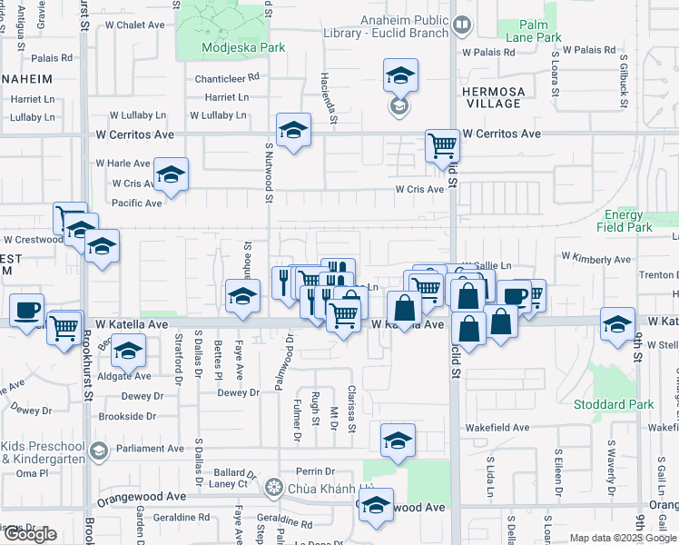 map of restaurants, bars, coffee shops, grocery stores, and more near 1817 West Sallie Lane in Anaheim