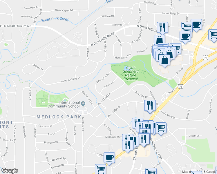 map of restaurants, bars, coffee shops, grocery stores, and more near 939 Schoel Drive in Decatur