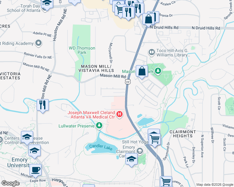 map of restaurants, bars, coffee shops, grocery stores, and more near 1917 Ridgemont Lane in Decatur