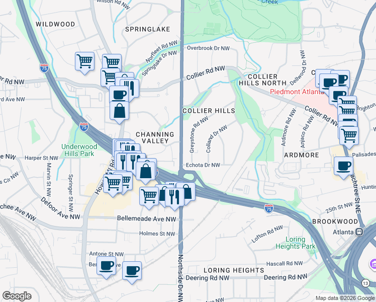 map of restaurants, bars, coffee shops, grocery stores, and more near 1828 Greystone Road Northwest in Atlanta