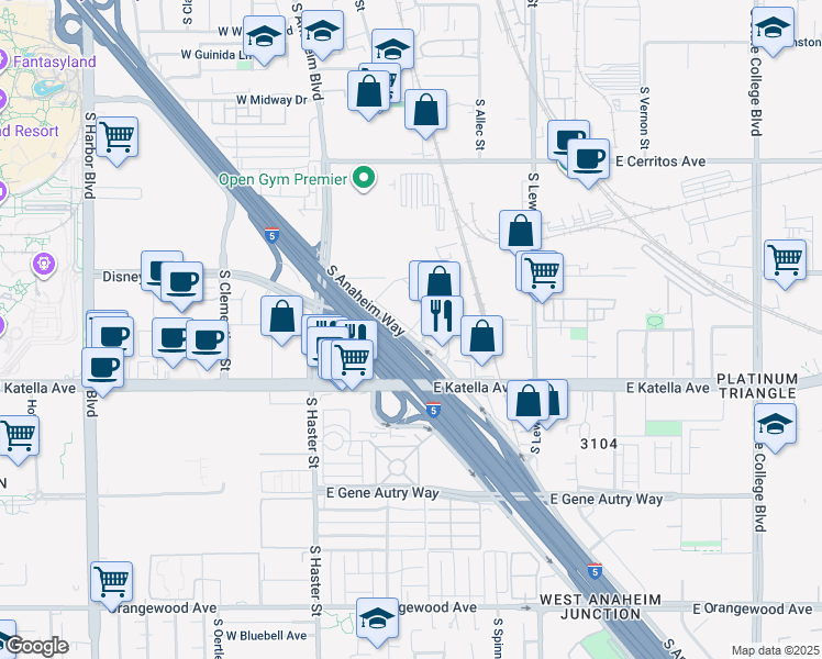map of restaurants, bars, coffee shops, grocery stores, and more near 1730 South Anaheim Way in Anaheim