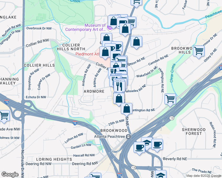 map of restaurants, bars, coffee shops, grocery stores, and more near 1821 Huntington Hills Lane Northwest in Atlanta