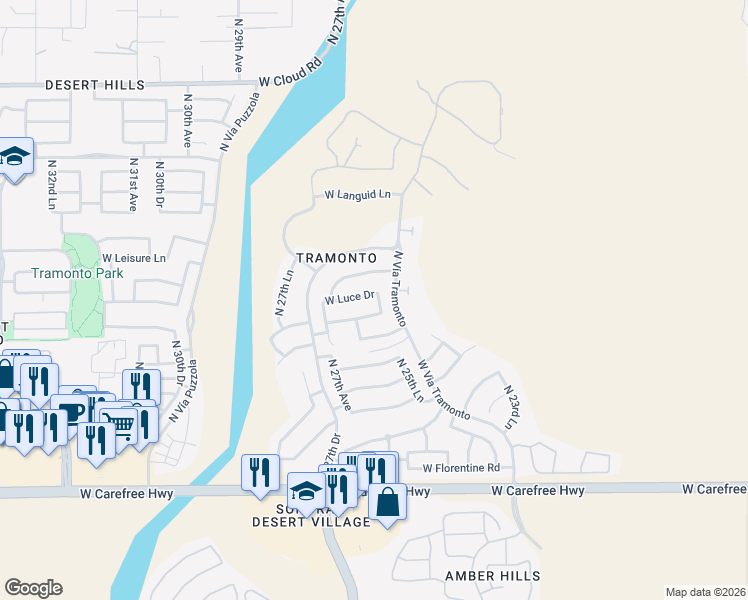 map of restaurants, bars, coffee shops, grocery stores, and more near 2602 West Luce Drive in Phoenix