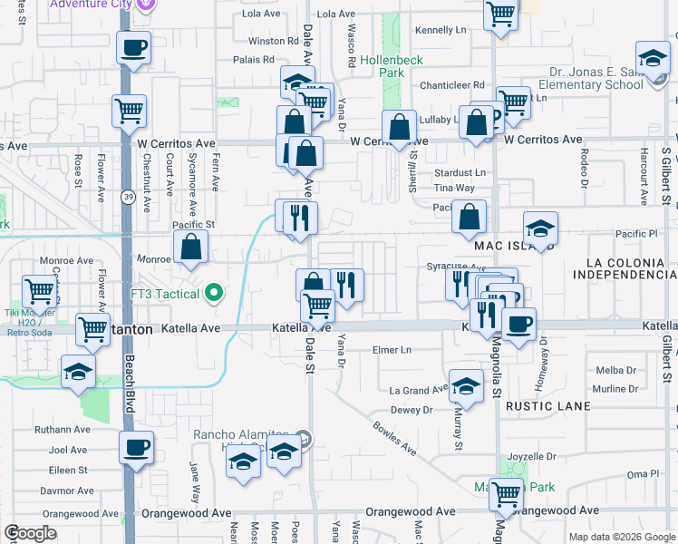 map of restaurants, bars, coffee shops, grocery stores, and more near 10800 Dale Avenue in Stanton