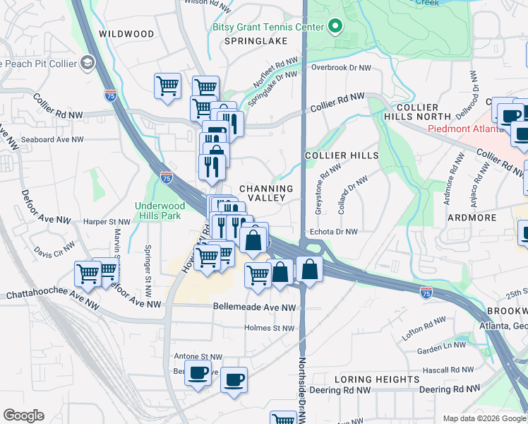 map of restaurants, bars, coffee shops, grocery stores, and more near 648 Channing Drive Northwest in Atlanta