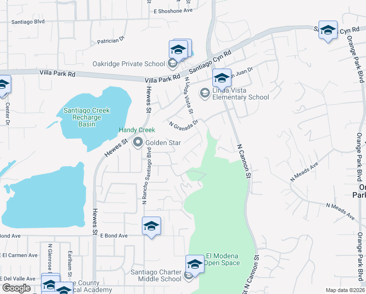 map of restaurants, bars, coffee shops, grocery stores, and more near 5128 East Cerritos Drive in Orange