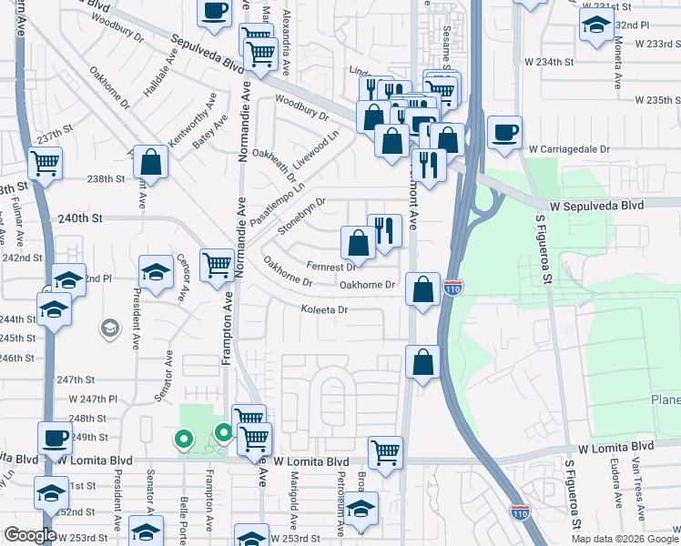map of restaurants, bars, coffee shops, grocery stores, and more near 1008 Fernrest Drive in West Carson