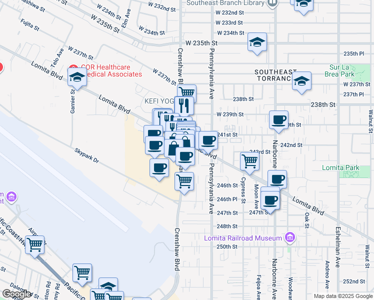 map of restaurants, bars, coffee shops, grocery stores, and more near 24200 Crenshaw Boulevard in Torrance