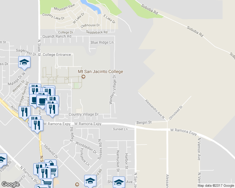 map of restaurants, bars, coffee shops, grocery stores, and more near 215 Yellowstone Court in San Jacinto