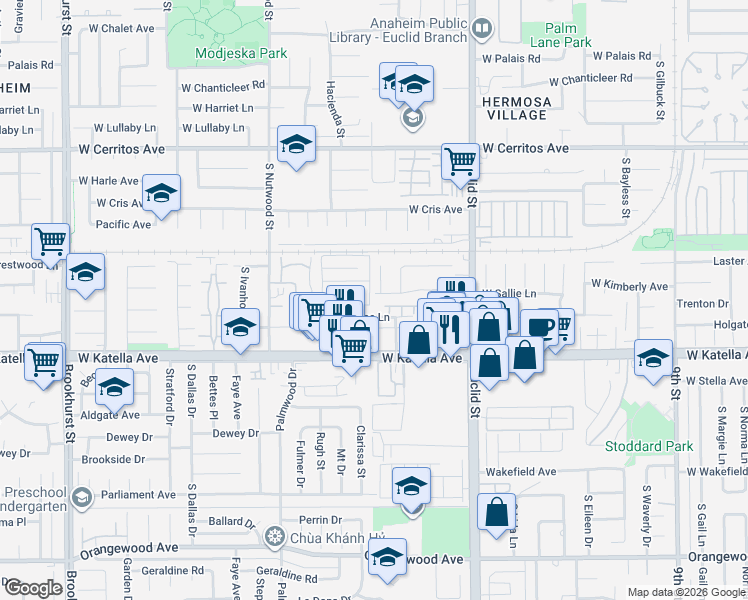 map of restaurants, bars, coffee shops, grocery stores, and more near 1782 West Sallie Lane in Anaheim