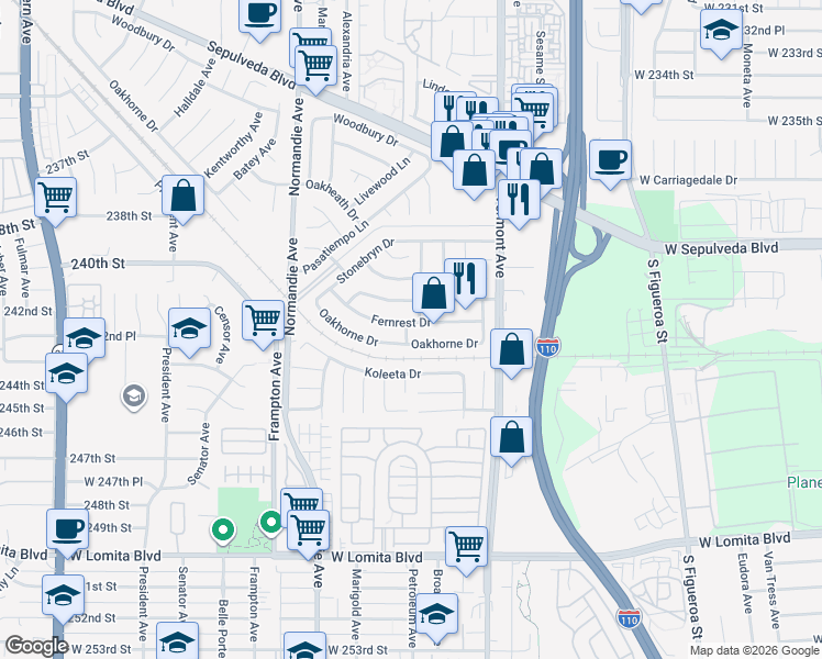 map of restaurants, bars, coffee shops, grocery stores, and more near 1008 Fernrest Drive in West Carson