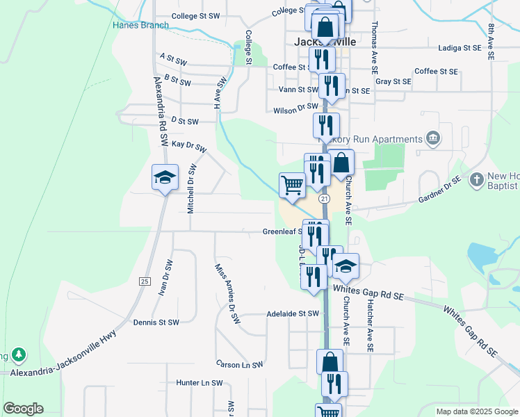 map of restaurants, bars, coffee shops, grocery stores, and more near 2132 Finley Street Southwest in Jacksonville