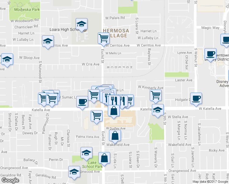 map of restaurants, bars, coffee shops, grocery stores, and more near 1660 West Sallie Lane in Anaheim